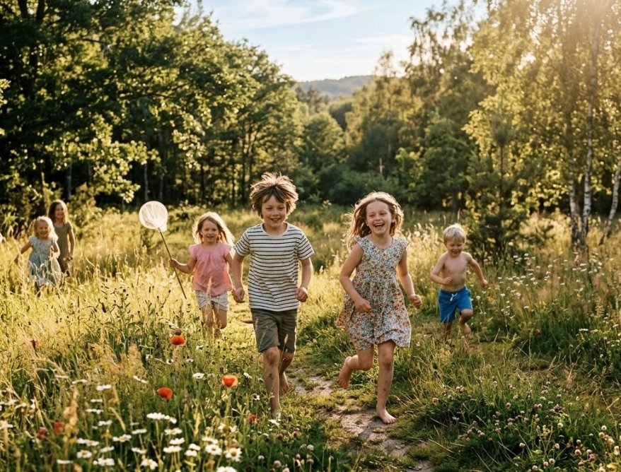 Niños sanos jugando libres en la naturaleza